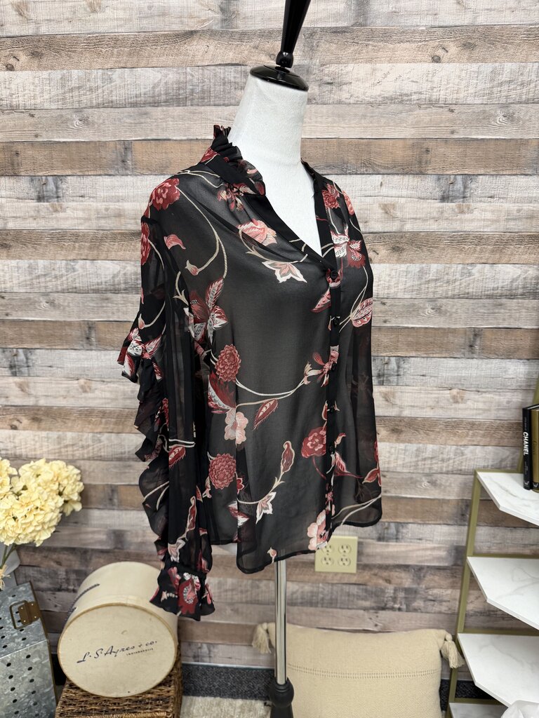 Chico's Black Floral Sheer Ruffled Long-Sleeve Top
