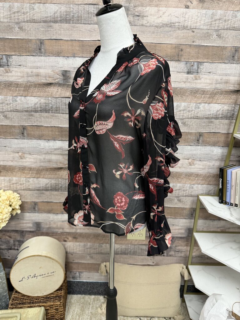 Chico's Black Floral Sheer Ruffled Long-Sleeve Top