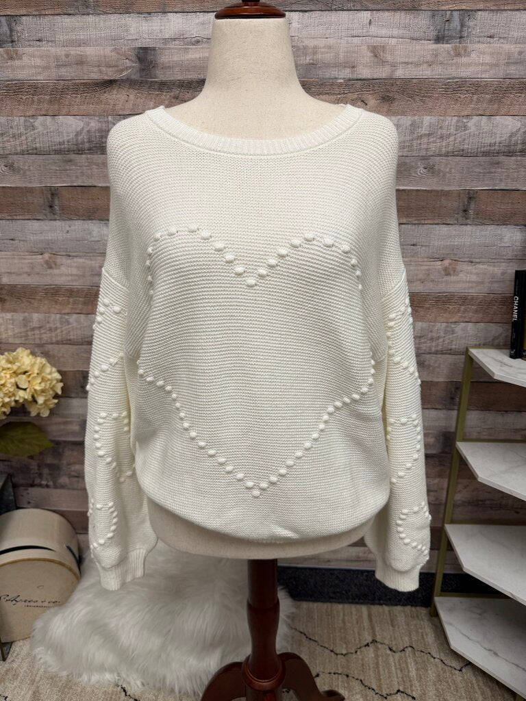 Jessica Simpson White Heart Motif Crewneck Sweater
