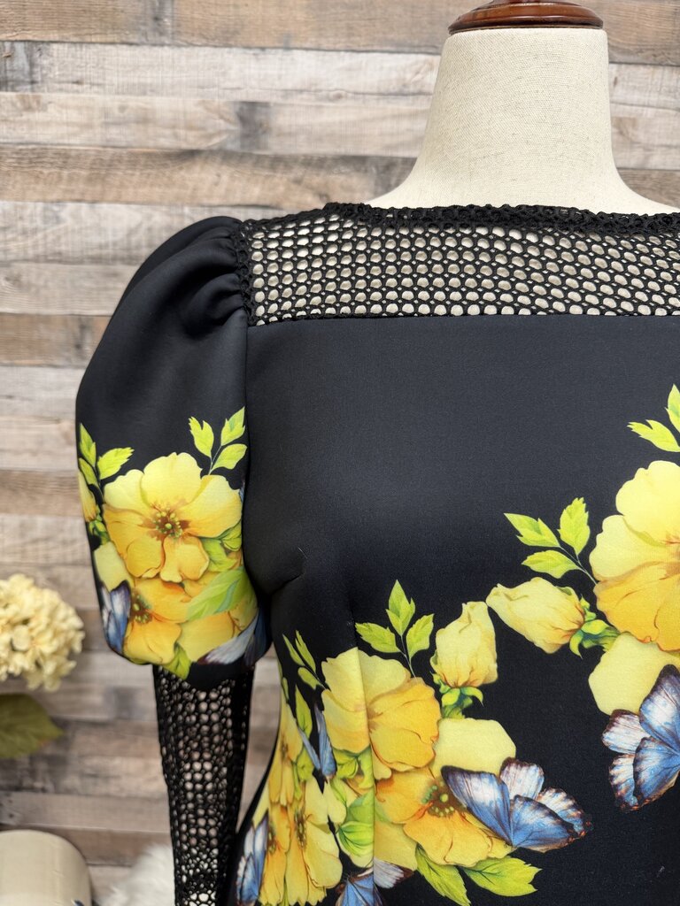 For Her NYC Black Floral Mesh Sleeve Dress