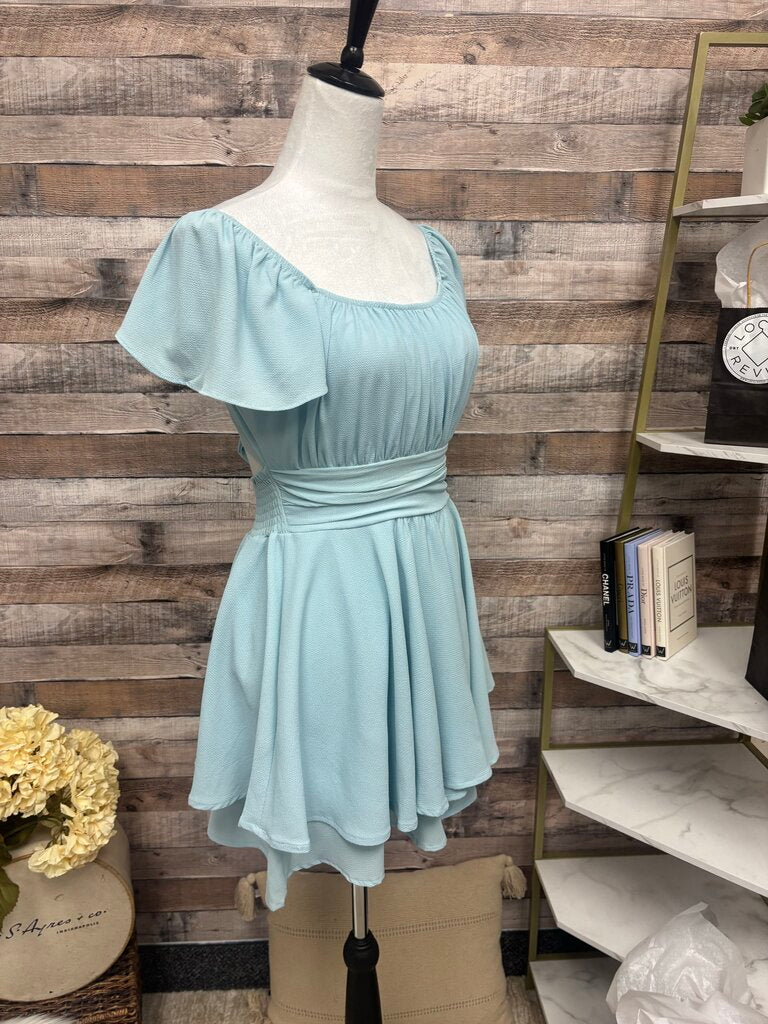 Exlura Baby Blue Off Shoulder Layered Hem