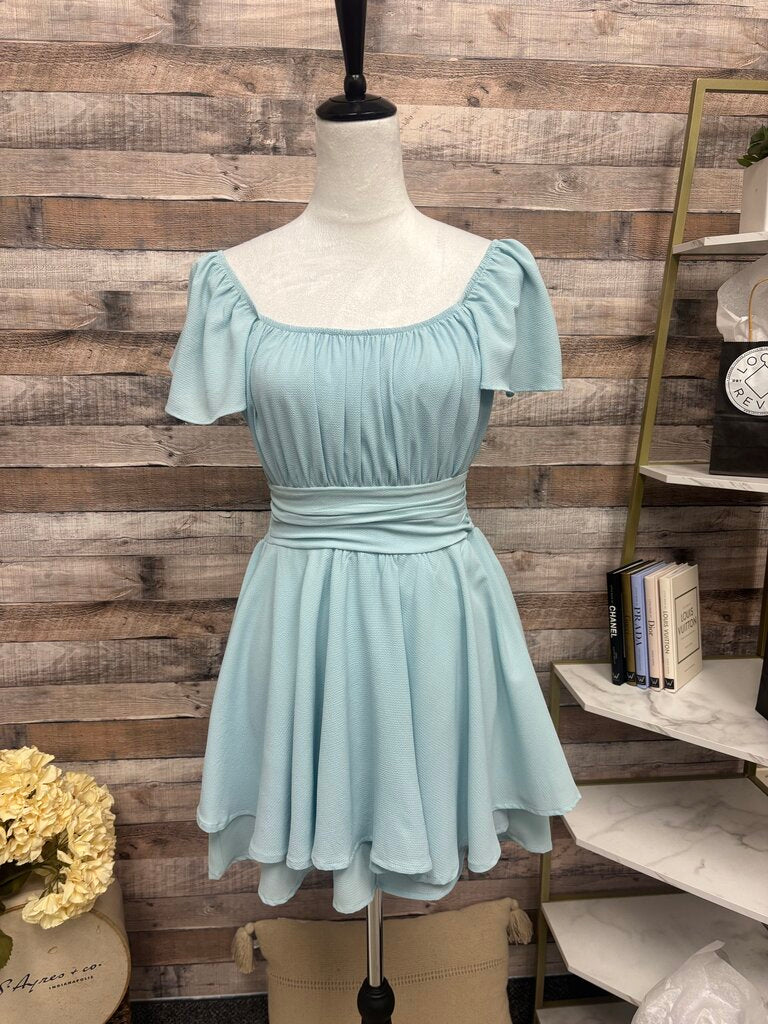 Exlura Baby Blue Off Shoulder Layered Hem