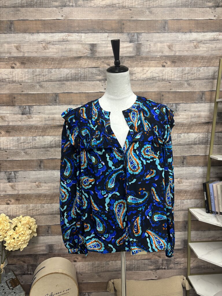 Navy Blousse w/Coral & Aqua Paisley Print