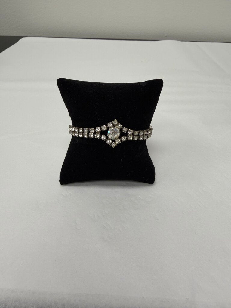 Silver & Rhinestone 2 Strand w/Single Round Center Bracelet