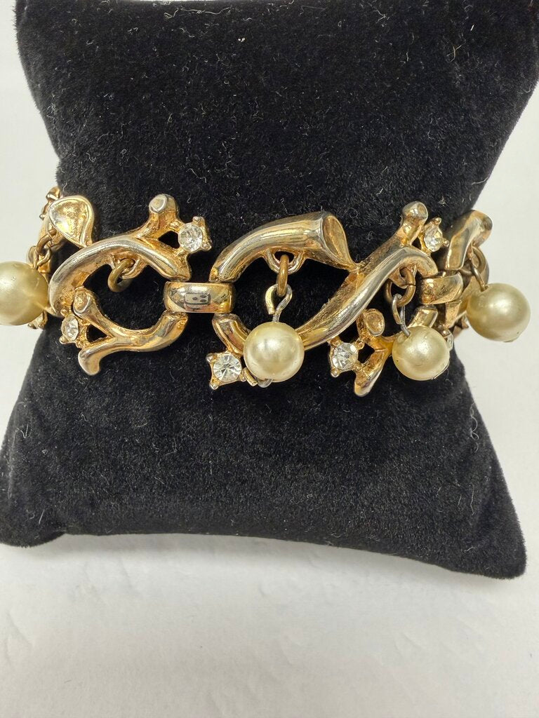 Gold Vine w/Faux Dangle Pearl & Rhinestone Bracelet