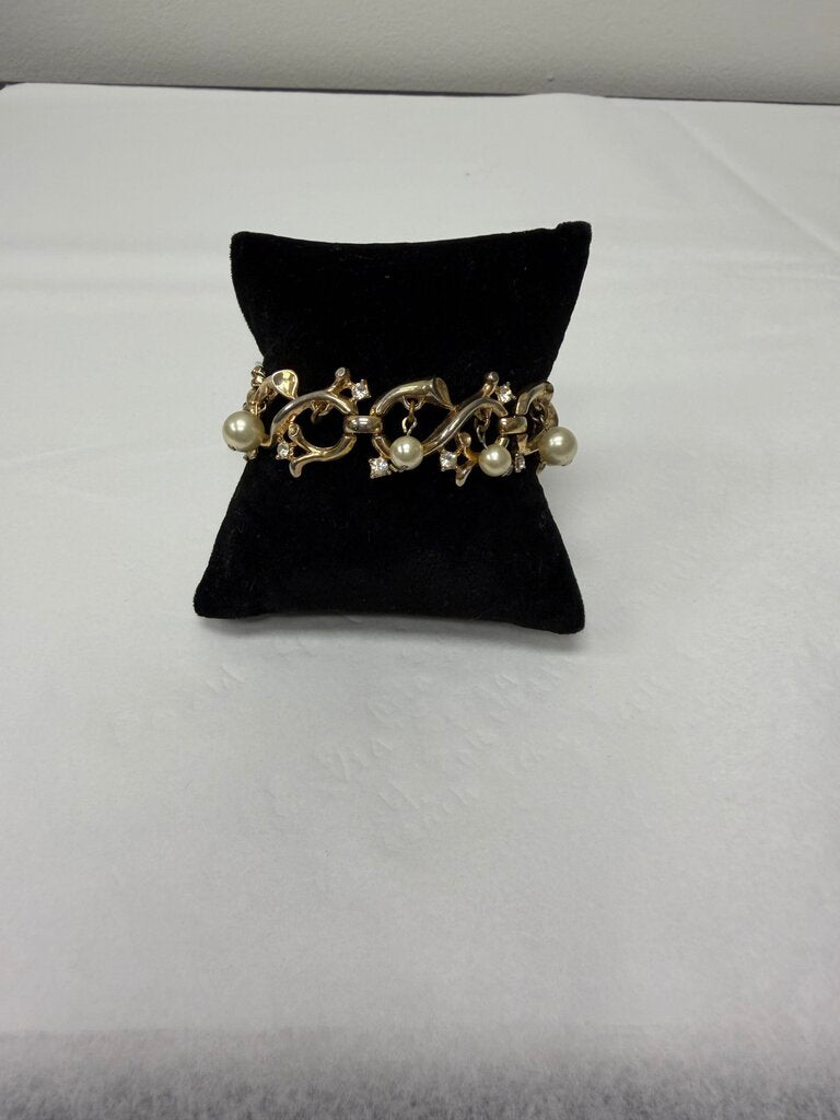 Gold Vine w/Faux Dangle Pearl & Rhinestone Bracelet