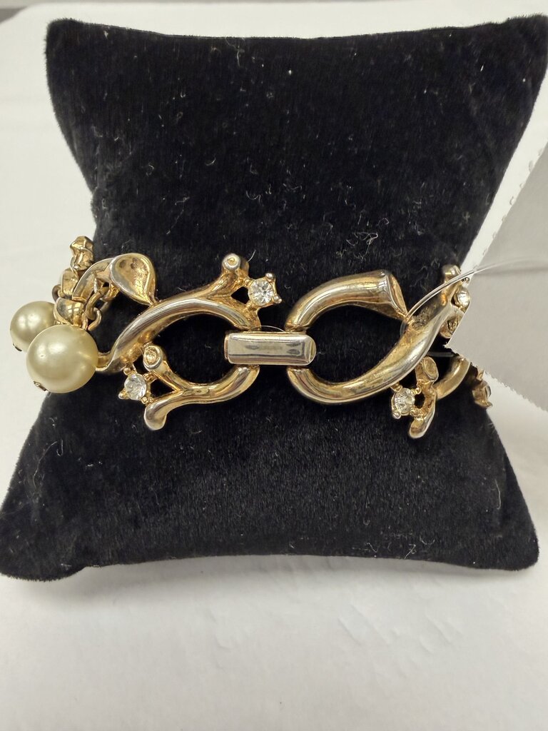 Gold Vine w/Faux Dangle Pearl & Rhinestone Bracelet