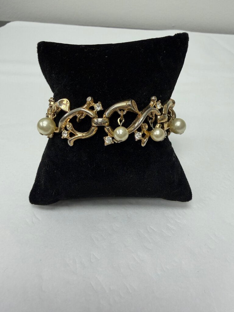 Gold Vine w/Faux Dangle Pearl & Rhinestone Bracelet