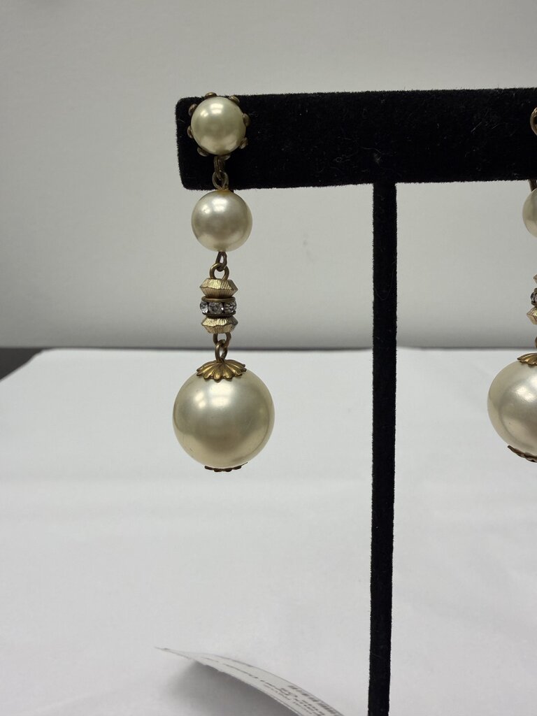 Gold & Faux Pearl Dangle Clip On Earrings