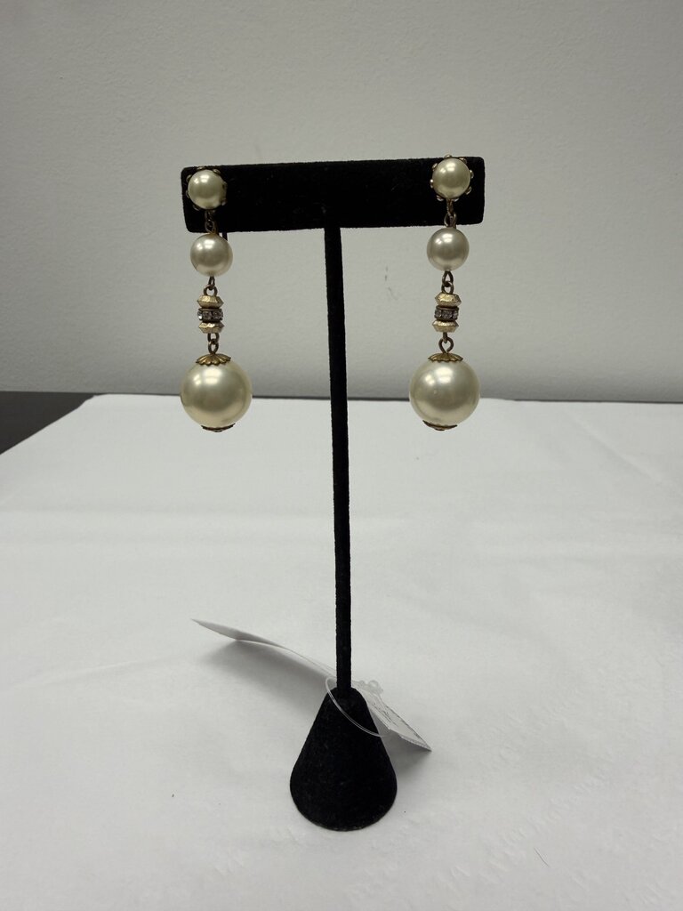 Gold & Faux Pearl Dangle Clip On Earrings