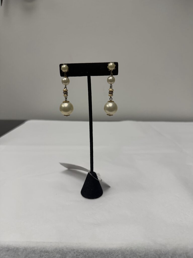 Gold & Faux Pearl Dangle Clip On Earrings