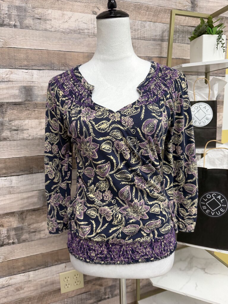 Lucky Brand Navy Blue Floral Print Smocked