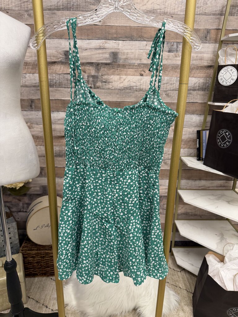 Green Floral Tie Shoulder Strap Mini Dress