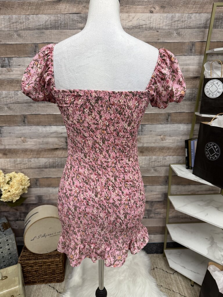 Madden NYC Pink Floral Smocked Puff Sleeve Mini Dress