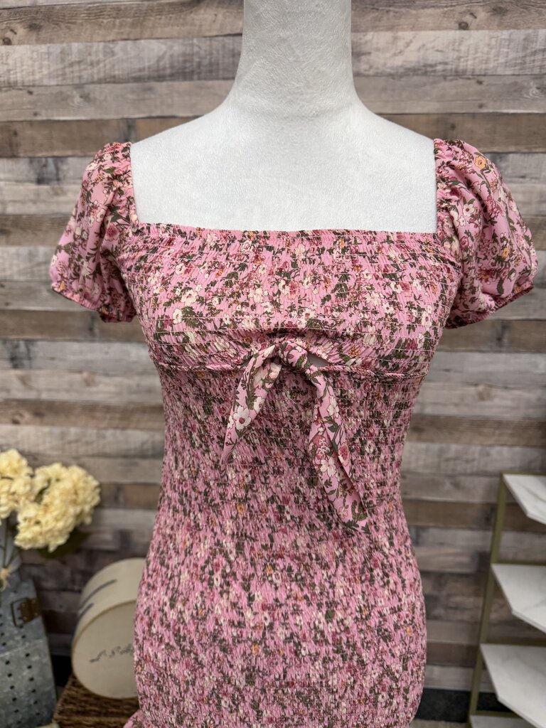 Madden NYC Pink Floral Smocked Puff Sleeve Mini Dress