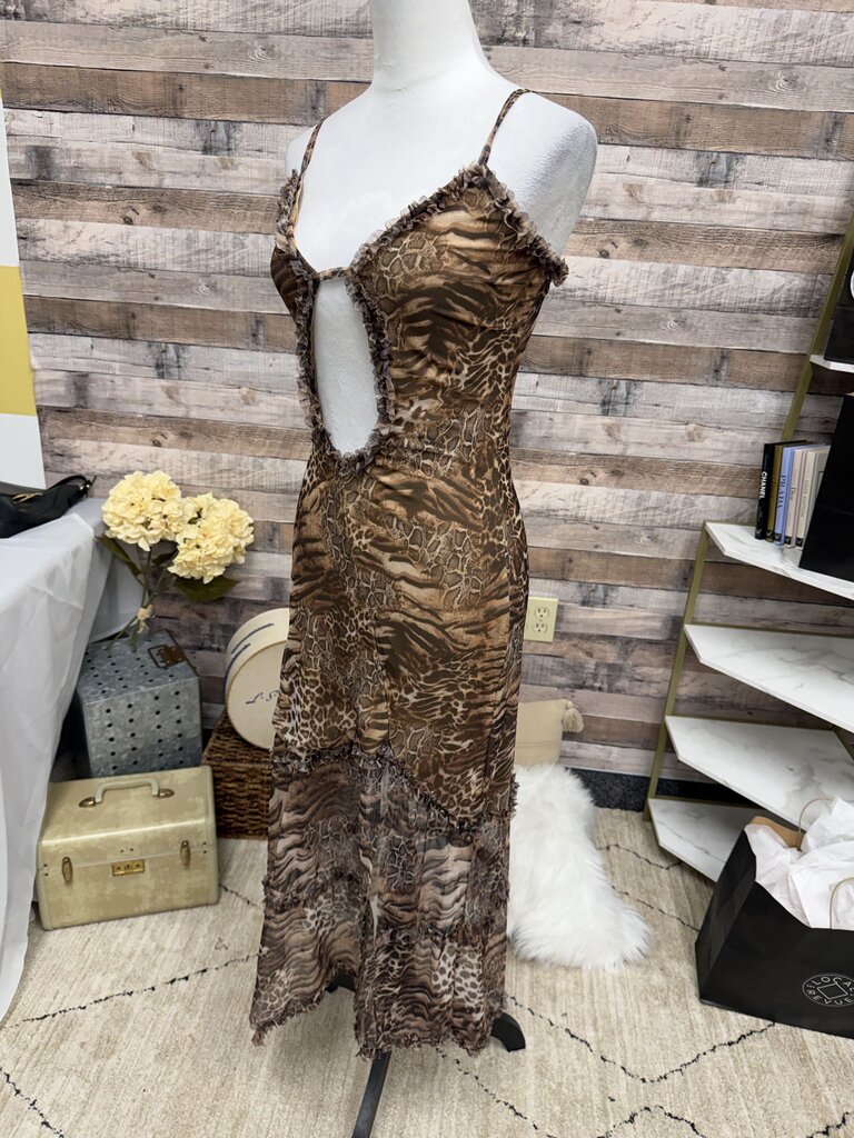 Brown Mixed Animal Print Ruffle Trim Maxi Dress
