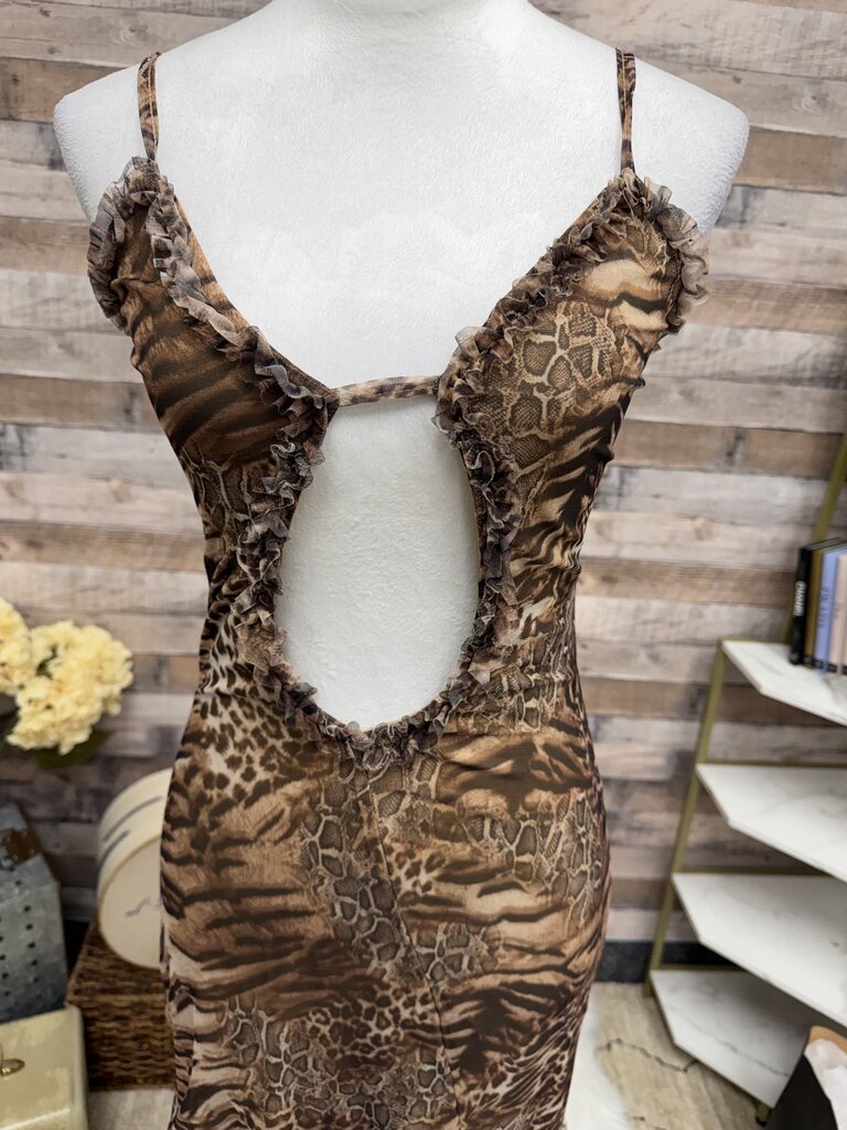 Brown Mixed Animal Print Ruffle Trim Maxi Dress