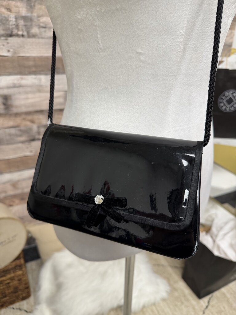 Black Patent Leather Bow Detail Crossbody Bag