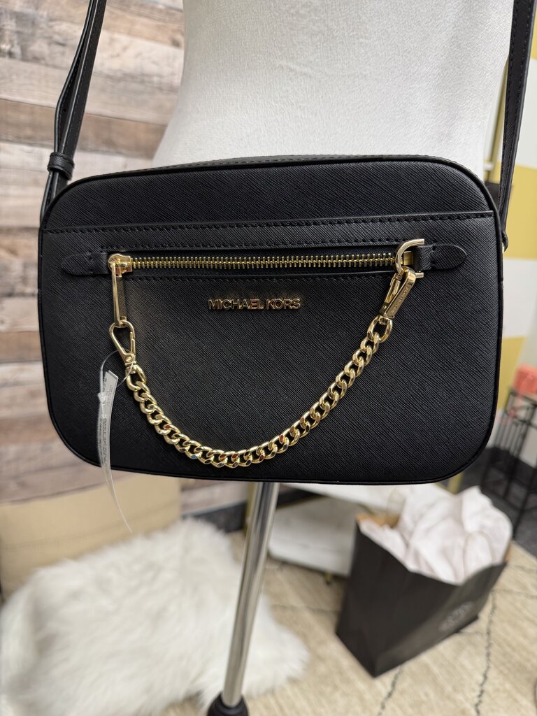 NWT Michael Kors Black Leather Jet Set Gold Chain