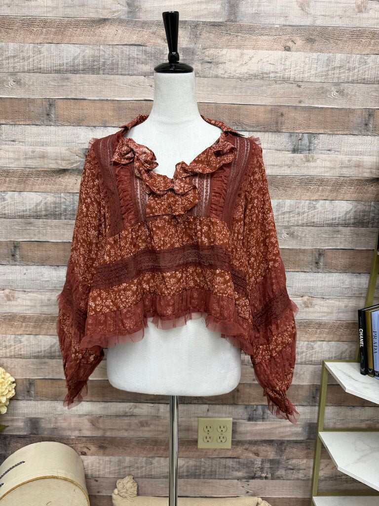 NWT Anthropologie Red Motif Ruffled V-Neck Blouse