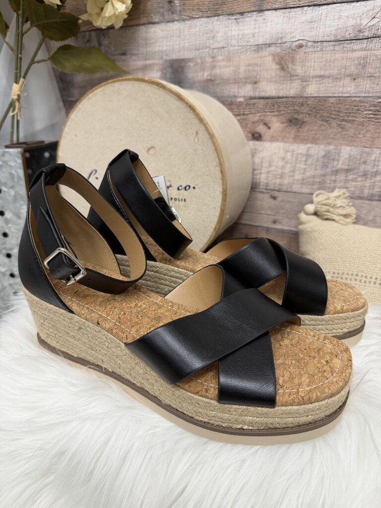 Soda Black Faux Leather Wedge Espadrille