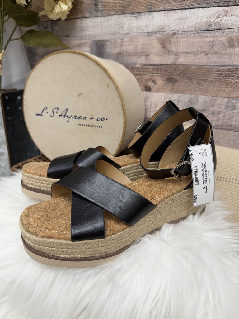 Soda Black Faux Leather Wedge Espadrille