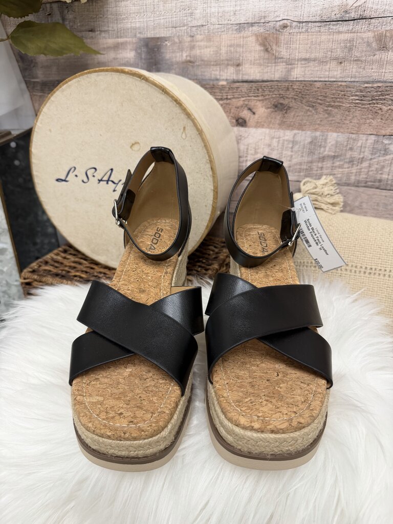 Soda Black Faux Leather Wedge Espadrille