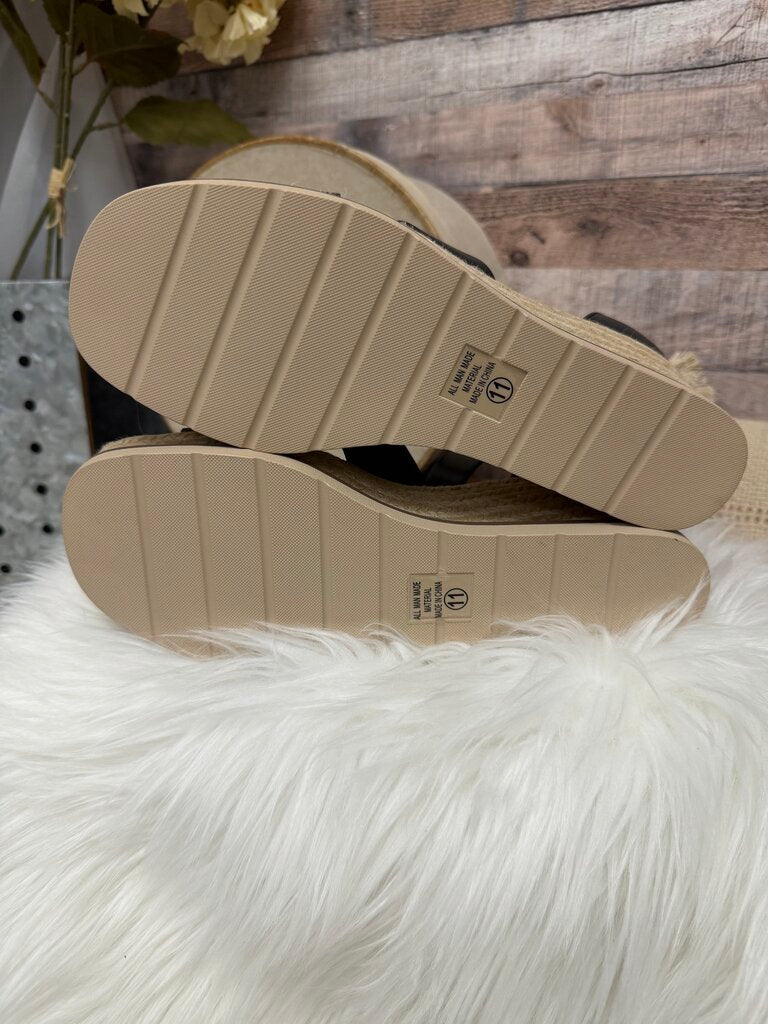 Soda Black Faux Leather Wedge Espadrille