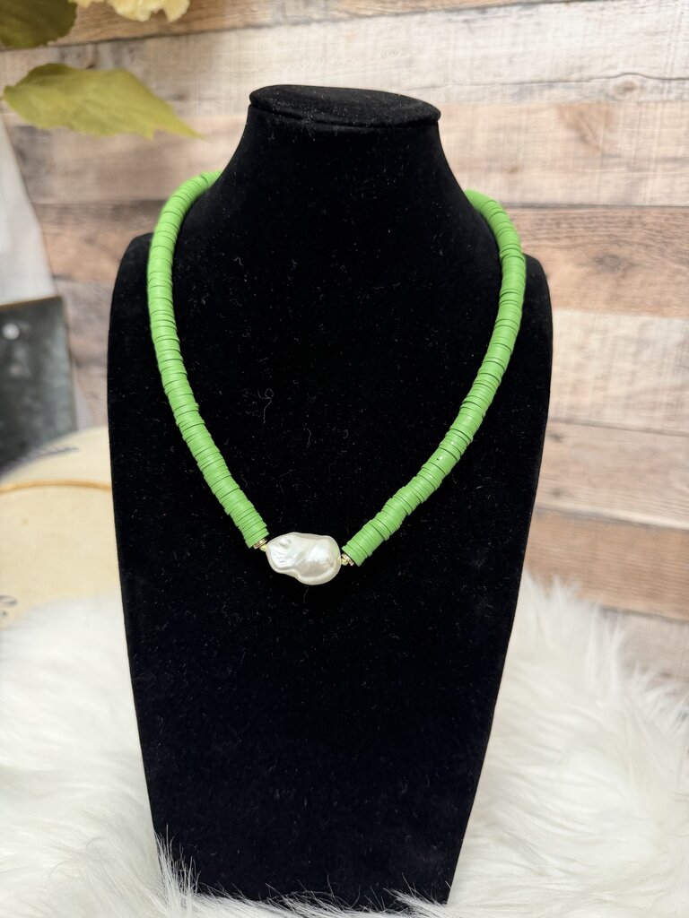 Green Heishi Bead Pearl Necklace