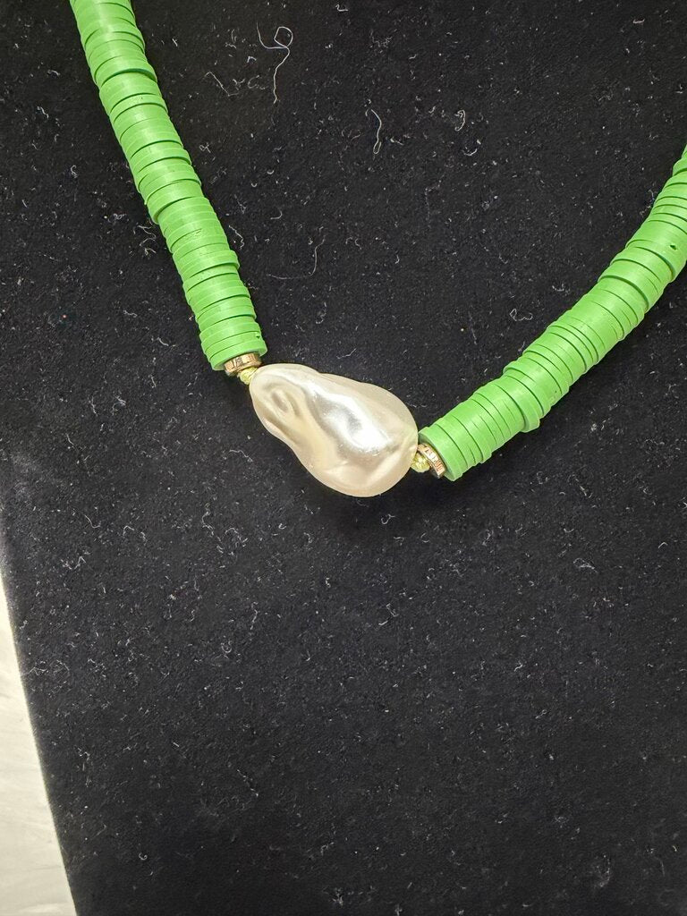 Green Heishi Bead Pearl Necklace