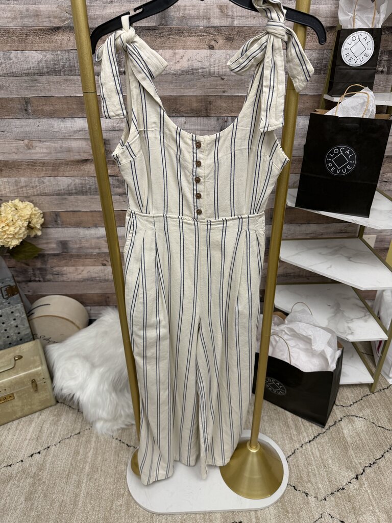 Free People Cream Navy Striped Linen Jumpsuit