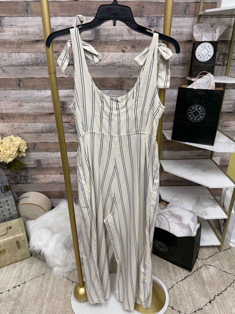 Free People Cream Navy Striped Linen Jumpsuit