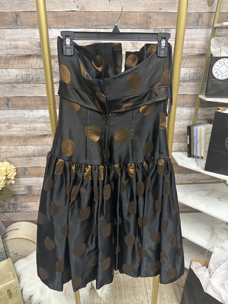 Victor Costa Black & Bronze Polka Dot Strapless Mini Dress