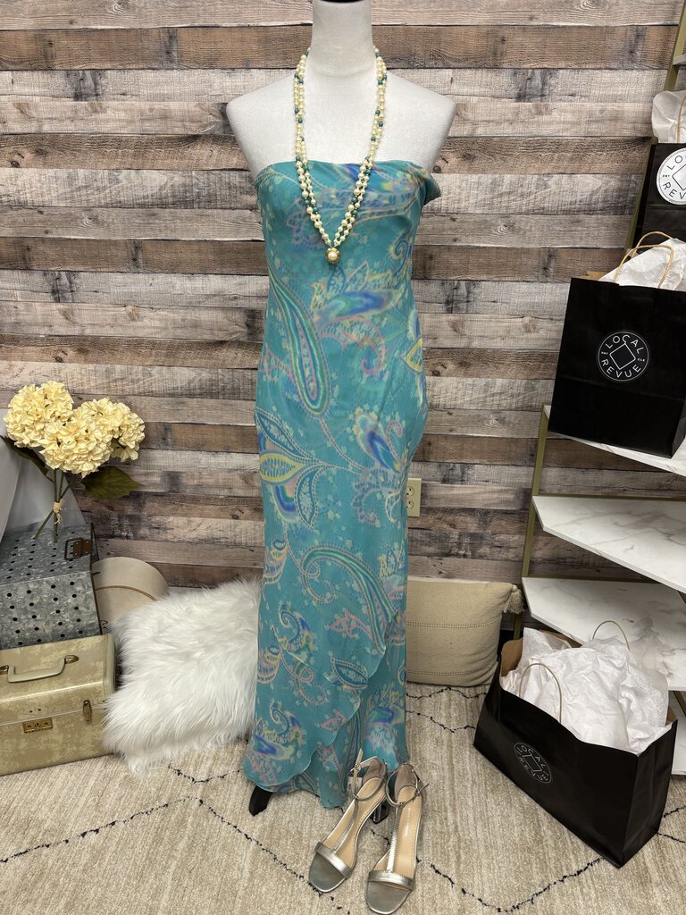 Ralph Lauren Black Label Teal Paisley Print 100% Silk Maxi Dress