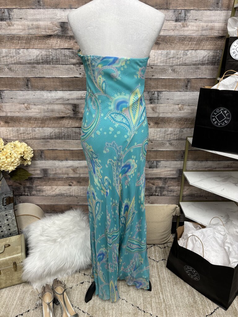 Ralph Lauren Black Label Teal Paisley Print 100% Silk Maxi Dress