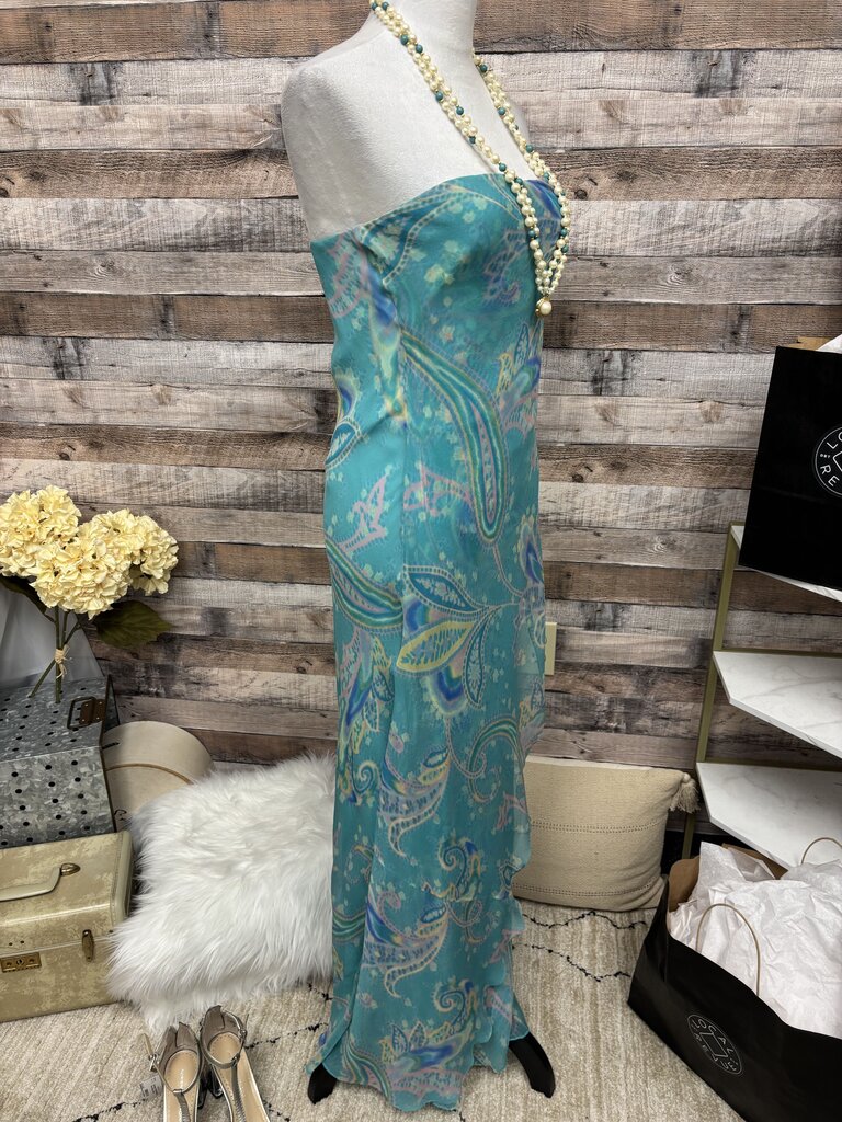 Ralph Lauren Black Label Teal Paisley Print 100% Silk Maxi Dress