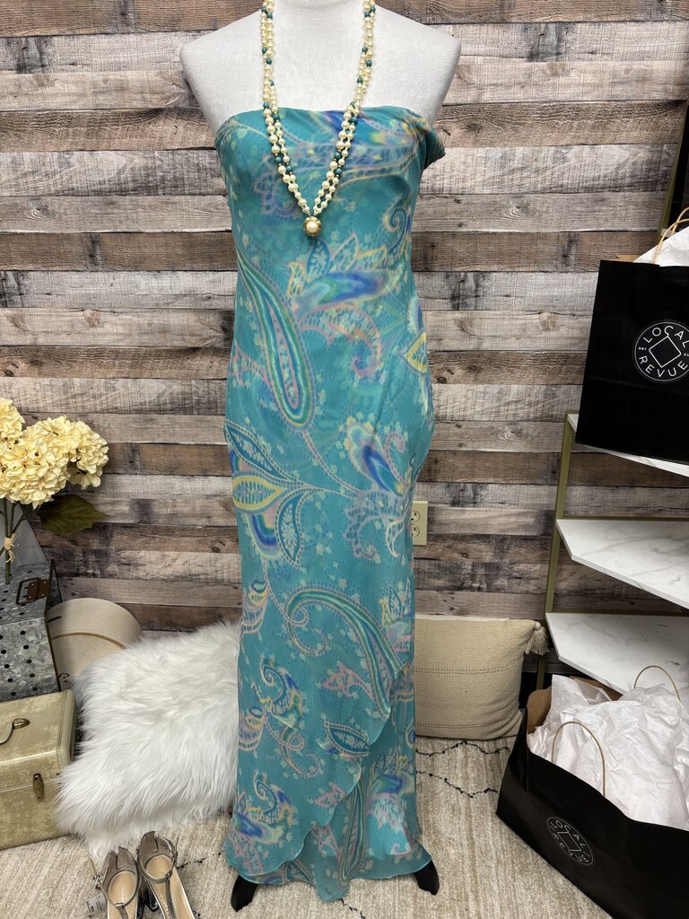 Ralph Lauren Black Label Teal Paisley Print 100% Silk Maxi Dress