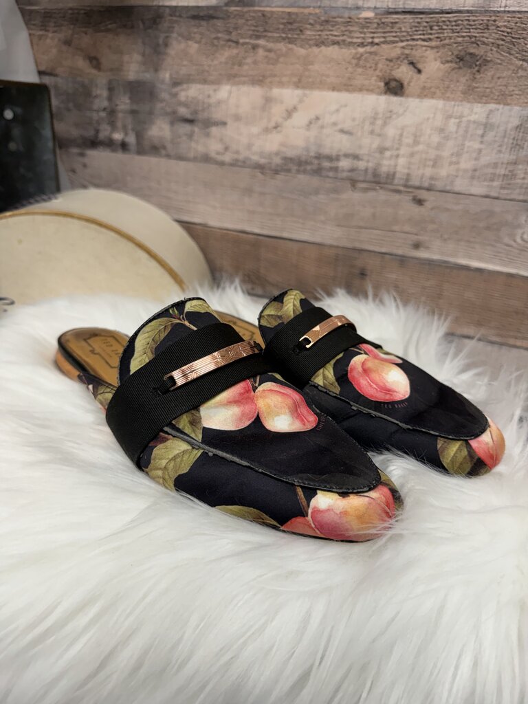 Ted Baker Black Satin w/Peach Print Mule