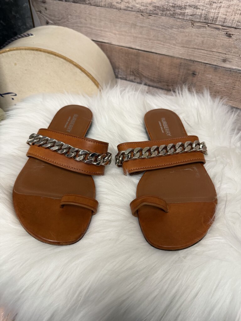 Burberry Cognac w/Silver Chain Toe Ring Slides
