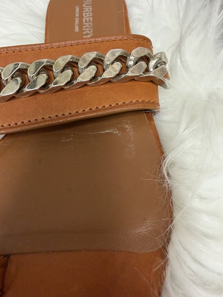 Burberry Cognac w/Silver Chain Toe Ring Slides