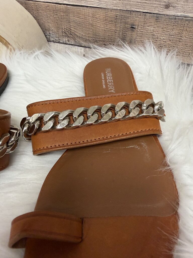 Burberry Cognac w/Silver Chain Toe Ring Slides