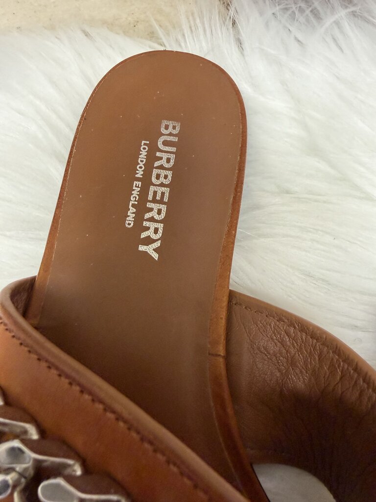 Burberry Cognac w/Silver Chain Toe Ring Slides