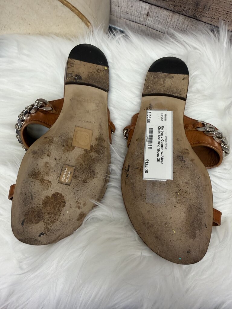 Burberry Cognac w/Silver Chain Toe Ring Slides