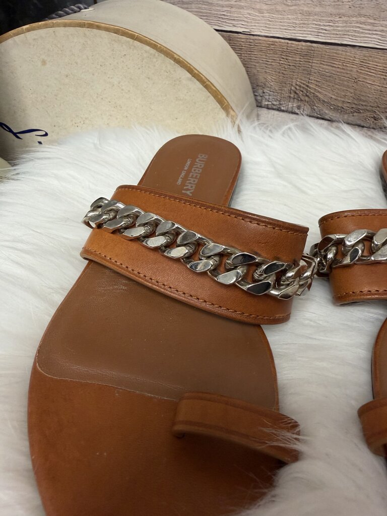 Burberry Cognac w/Silver Chain Toe Ring Slides