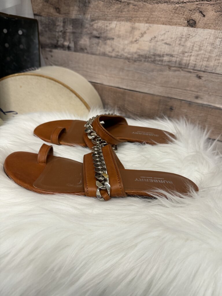 Burberry Cognac w/Silver Chain Toe Ring Slides