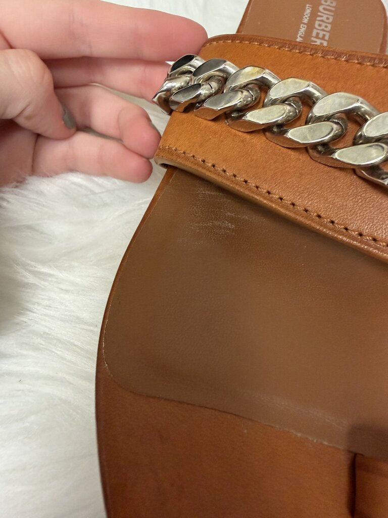 Burberry Cognac w/Silver Chain Toe Ring Slides