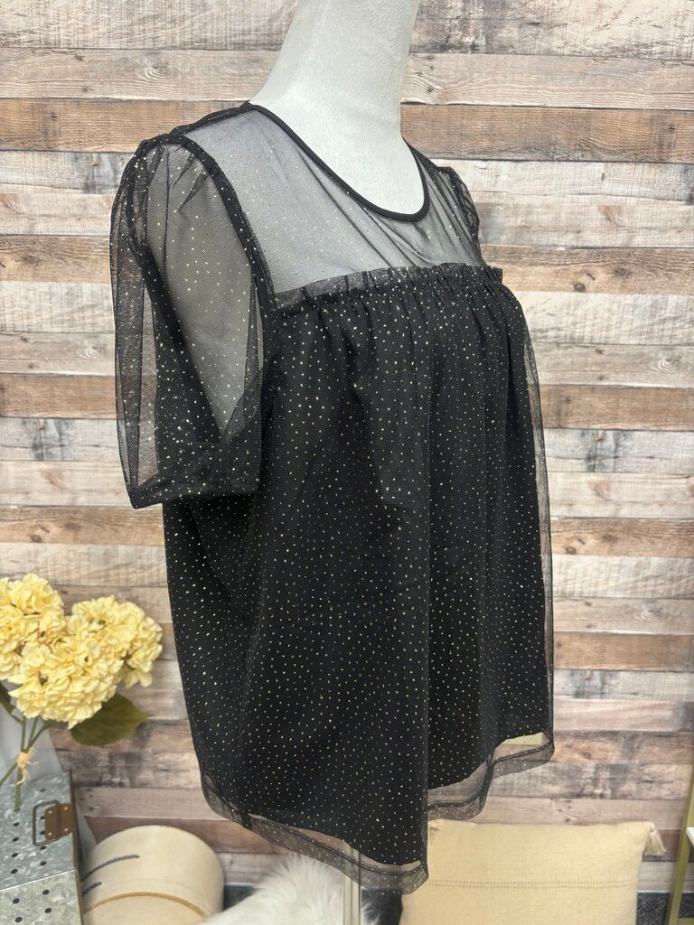 J Crew Black Tulle Short Sleeve w/Gold Dots