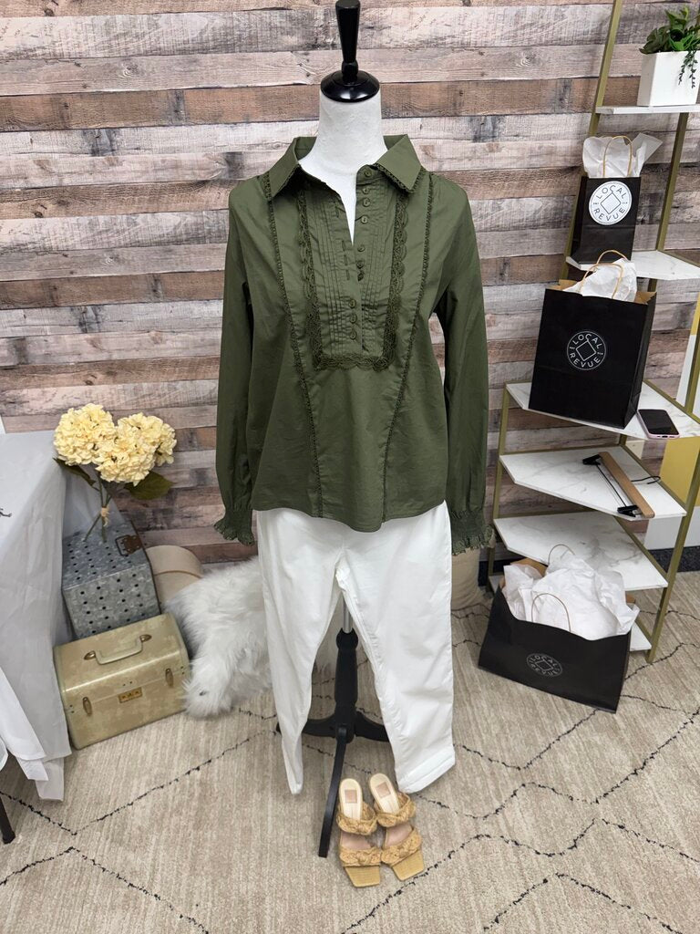 NWT Avara Olive Green Pintucked Ruffle Long Sleeve