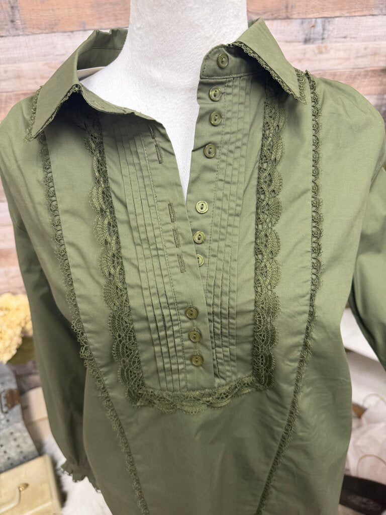 NWT Avara Olive Green Pintucked Ruffle Long Sleeve