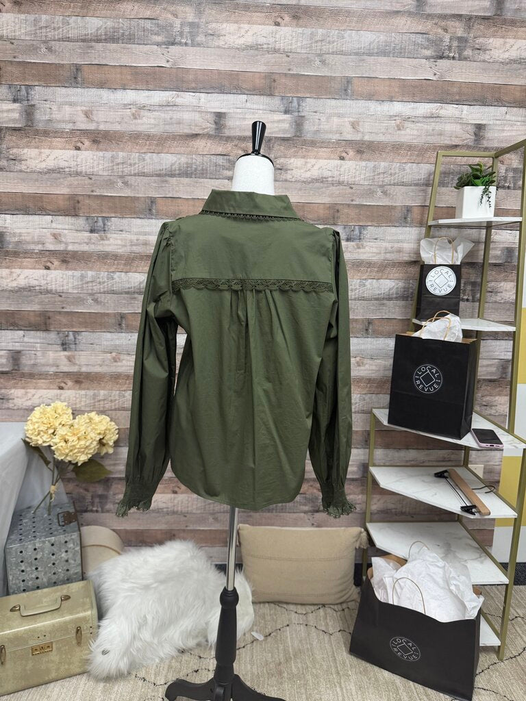 NWT Avara Olive Green Pintucked Ruffle Long Sleeve